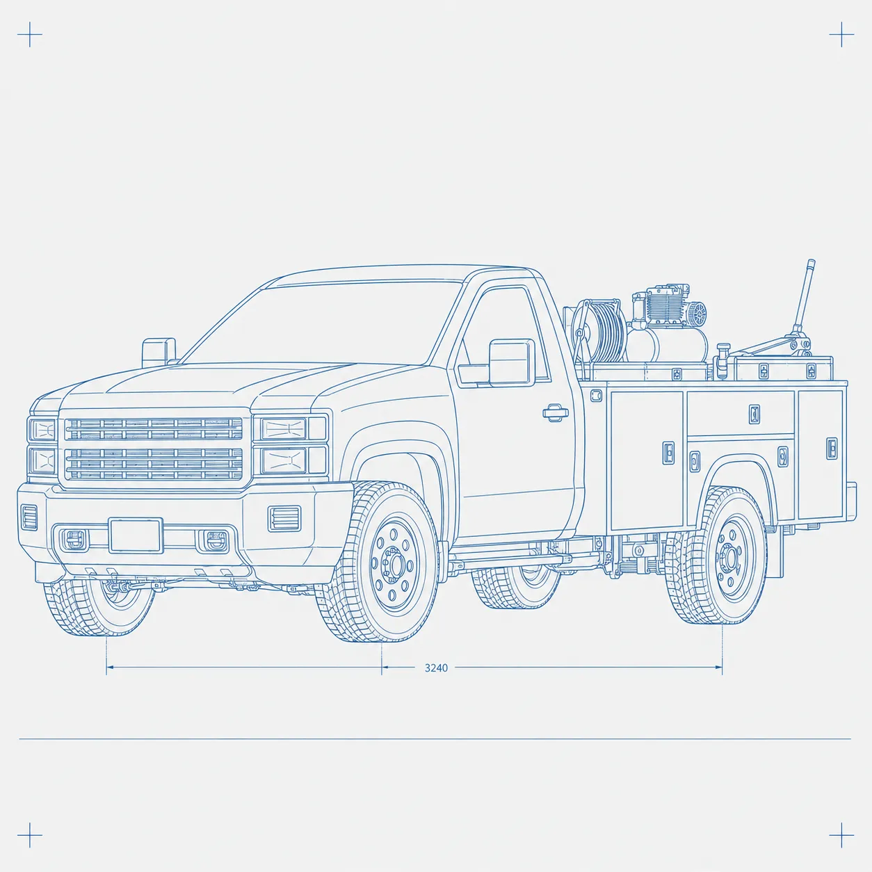 Technical line drawing of the Faith Automotive service truck, loaded and ready for a call